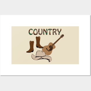 Country, Design, cowboy, cowgirl, boots, guitar, hat Posters and Art